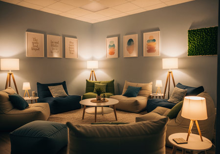 A warm and inviting group therapy room featuring comfortable beanbag chairs, cushions, and soft lighting, ideal for relaxation and discussion.の素材