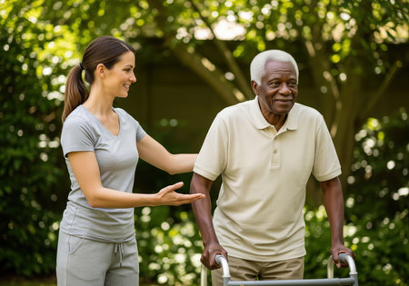 A smiling physical therapist provides supportive guidance to an elderly african american man using a walker for mobility and outdoor exercise.の素材