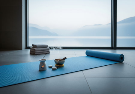 A serene wellness corner equipped with a blue yoga mat, an incense burner emitting smoke, a singing bowl, and neatly stacked towels, fostering a calm atmosphere for mindfulness practices.の素材