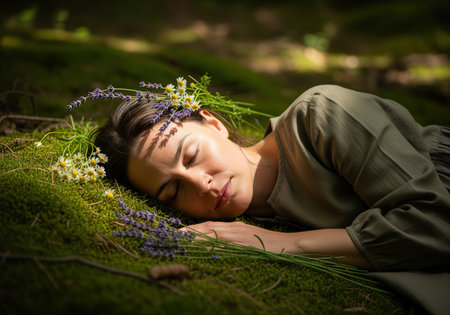 A peaceful woman sleeps deeply on a bed of soft green moss, adorned with lavender and daisies, bathed in warm dappled sunlight. this evokes tranquility and natural beauty.の素材