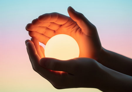 A close up view of human hands gently cupping a bright, glowing orb, radiating warmth and light. this image conveys concepts of protection, care, and energy.の素材