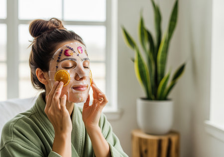A serene woman with her eyes closed applies a natural sheet mask infused with dried flowers and citrus slices, embodying a moment of self care and beauty routine. perfect for wellness and skincare themes.の素材