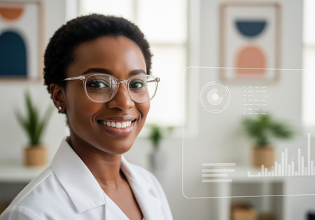 A confident black woman with glasses smiles warmly, engaging with a futuristic transparent data interface. ideal for technology, business, and innovation concepts.の素材