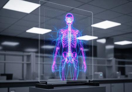 A futuristic transparent holographic display showcases a detailed 3D model of the human skeletal structure and nervous system, ideal for medical education or research.の素材