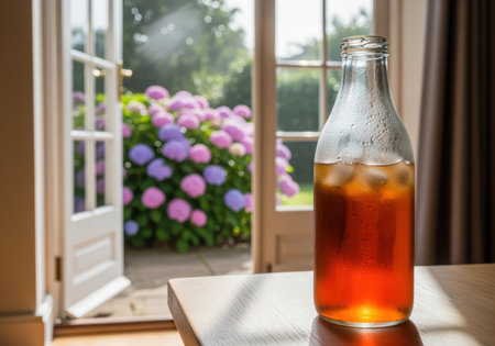 A refreshing iced tea beverage in a frosted glass bottle, featuring visible condensation and ice cubes, ready to quench thirst on a warm day.の素材