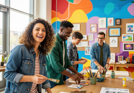 A diverse group of young adults happily collaborates on various art projects in a brightly lit, colorful studio, showcasing creativity and teamwork.の素材