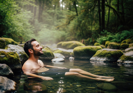 A man with eyes closed peacefully relaxes in a natural outdoor mineral hot spring, surrounded by moss covered rocks and lush green forest. this serene scene evokes wellness and tranquility.の素材