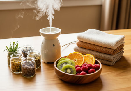 A holistic wellness setup on a wooden table, featuring a steaming ceramic aromatherapy diffuser, jars of dried herbs, a bowl of fresh fruit, and stacked towels. this scene evokes relaxation and self care.の素材