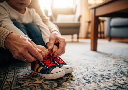 An adult hands patiently guide a young child hands to tie red shoelaces on blue sneakers, illustrating a moment of learning and connection. ideal for themes of family bonding, childhood development, or education.の素材