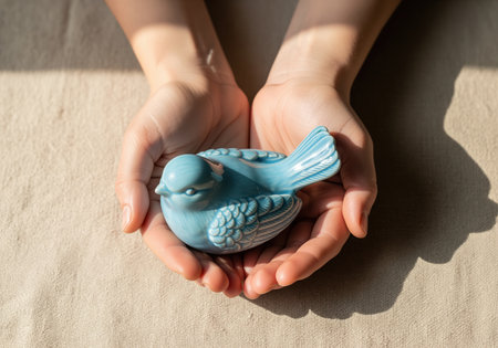 A pair of hands tenderly holds a small, light blue ceramic bird figurine, symbolizing care, peace, and hope. this image can be used for themes of protection or new beginnings.の素材