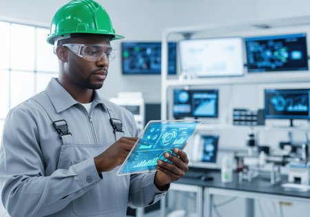An african american engineer in a hard hat and safety glasses uses a futuristic transparent tablet to analyze data in a modern industrial setting. this image depicts innovation and advanced technology in manufacturing.の素材