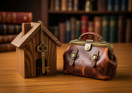 A rustic wooden house savings box with an antique key, alongside a traditional brown leather doctor bag, suggesting themes of home, finance, and healthcare.の素材