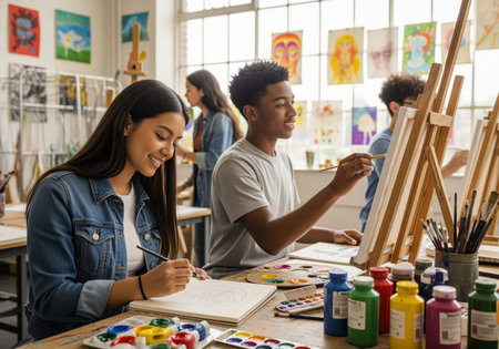 Happy diverse high school students collaborate on creative projects, painting and drawing in a sunny art studio, fostering artistic expression and learning.の素材