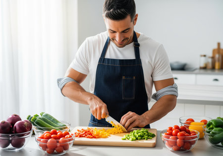 A smiling man in a denim apron meticulously dices vibrant bell peppers on a cutting board, preparing a fresh and healthy meal in a modern kitchen setting.の素材