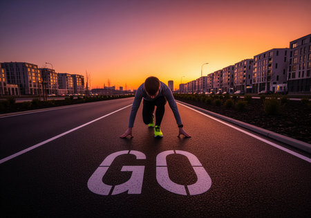 A determined athlete crouches at the starting line marked with GO on a road, preparing to run at sunrise or sunset. this image conveys motivation and new beginnings.の素材