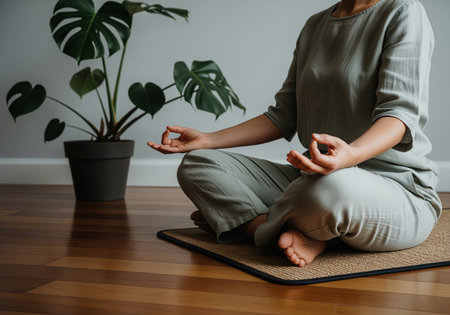 A person sits cross legged on a mat, meditating with hands in a mudra, promoting peace and mental well being. this image conveys tranquility and focus.の素材