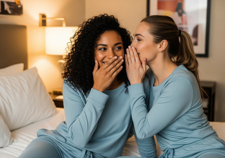 Two happy young women in pajamas share a secret whisper and laugh on a bed, enjoying a cozy and intimate moment of friendship and bonding.の素材