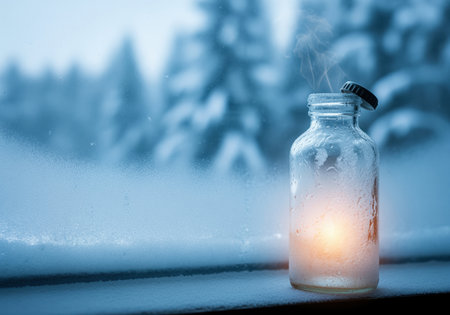A clear glass bottle with a warm, glowing light inside emits steam, sitting on a snow covered window sill. it evokes a feeling of cozy warmth during a cold winter day, perfect for seasonal themes.の素材