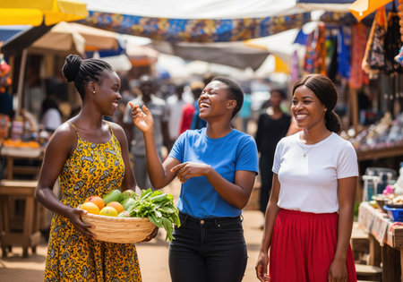 Three cheerful african women share a laugh while shopping for fresh produce at an outdoor market, showcasing joy and community.の素材