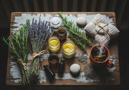 A beautiful arrangement of natural herbal remedies, including fresh lavender, rosemary, balms, essential oils, and steaming tea, for wellness and self care.の素材