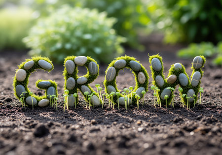 A close up view of the word GROW, formed by moss covered pebbles, with small green seedlings emerging from the letters, symbolizing growth and nature.の素材