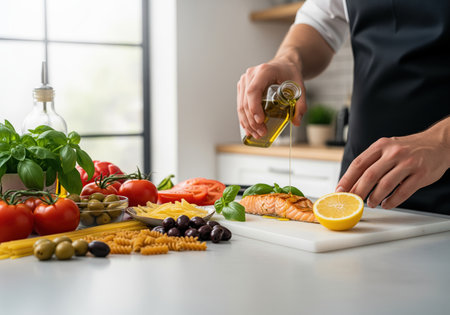A chef hands carefully drizzle olive oil over a grilled salmon fillet, surrounded by fresh mediterranean ingredients. this vibrant scene is perfect for illustrating healthy cooking and delicious meal preparation.の素材