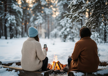 Two people sit by a crackling campfire in a serene, snow covered winter forest, seen from behind. this cozy scene evokes warmth, companionship, and outdoor adventure, perfect for winter travel or relaxation themes.の素材