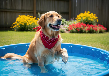 A joyful golden retriever dog wearing a red bandana sits happily in a blue kiddie pool, splashing water on a bright sunny day. perfect for pet, summer, or outdoor themes.の素材