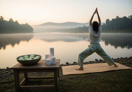 A person performs a yoga pose on a mat by a tranquil lake at sunrise, surrounded by lit candles and floating flowers, evoking peace and wellness.の素材
