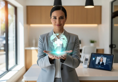 A confident businesswoman presents a digital globe featuring a medical cross, representing global healthcare and modern technology. perfect for illustrating concepts of telehealth, medical innovation, and worldwide health initiatives.の素材