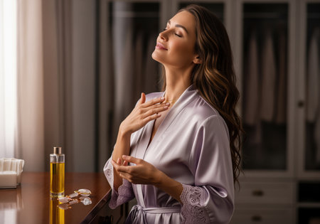 A beautiful woman with long brown hair, wearing a lavender silk robe, gently applies a beauty oil to her neck, embracing a moment of tranquil self care and relaxation. this image conveys wellness and skincare routines.の素材