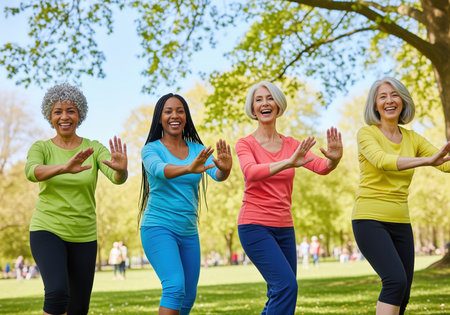 Four happy, diverse senior women engage in a group wellness activity outdoors. they are smiling and moving gracefully in a sunny park, promoting healthy and active lifestyles.の素材
