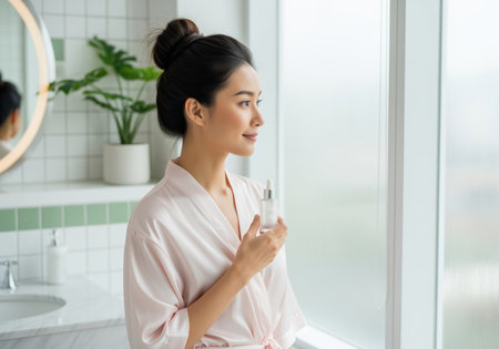 A beautiful young asian woman in a pink robe holds a dropper bottle of skincare serum, looking out a window. she is engaged in her morning beauty routine, promoting self care and wellness.の素材