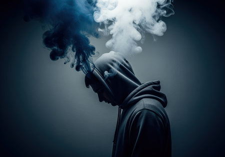 A poignant depiction of a young man in a dark hoodie, with smoke rising from his head, symbolizing stress, deep thought, or emotional struggle.の素材