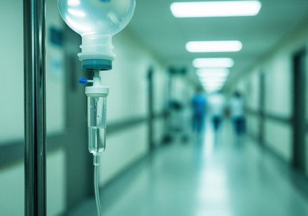 A close up view of an intravenous fluid drip bag, with clear liquid flowing through tubing, set against a blurred hospital hallway. this image conveys medical treatment and patient care.の素材