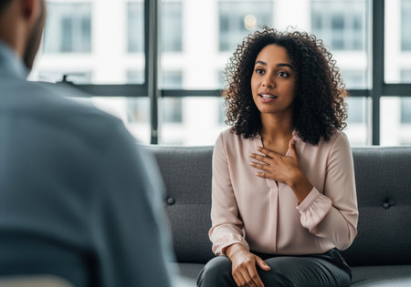 A young biracial woman with curly dark hair sits on a couch, actively engaging in a conversation. she gestures with her hand on her chest, conveying sincerity and open communication.の素材