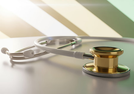 A modern white and gold stethoscope rests on a reflective surface, symbolizing healthcare, diagnosis, and medical expertise. perfect for health related concepts.の素材