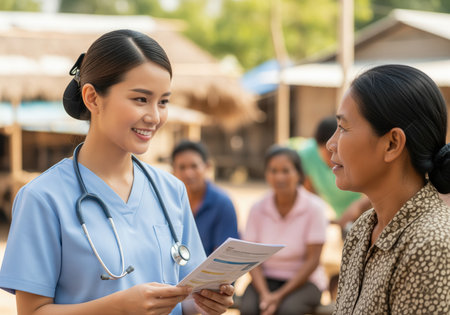 An empathetic east asian nurse in blue scrubs with a stethoscope smiles while discussing health information with an older female patient. this image conveys compassionate healthcare and community support.の素材