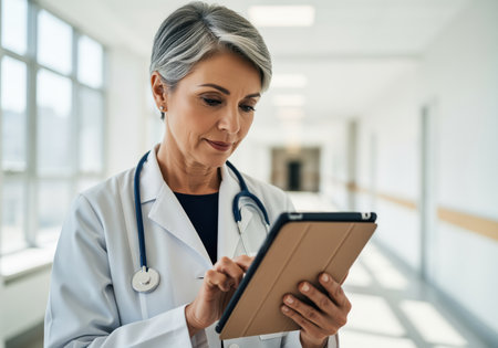 A professional mature female doctor with grey hair and a stethoscope is focused on using a digital tablet. she is likely reviewing patient information or medical records, showcasing modern healthcare technology.の素材