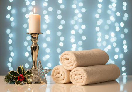A serene composition featuring a lit candle in a golden holder, soft rolled towels, and festive holly with berries. perfect for themes of relaxation, wellness, and holiday self care.の素材