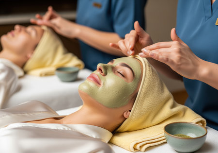 A woman with a green face mask relaxes while receiving a professional facial treatment from a therapist in a serene spa setting, promoting wellness and skincare.の素材