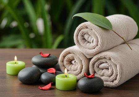 A tranquil spa composition featuring neatly rolled beige towels, smooth black stones, and glowing green candles on a wooden surface, perfect for wellness themes.の素材