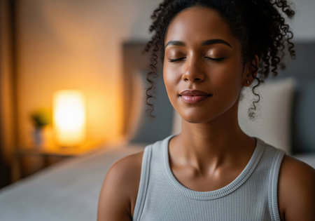 A close up captures a serene black woman with her eyes closed, meditating or practicing mindfulness in a peaceful home setting. she embodies calm and relaxation.の素材
