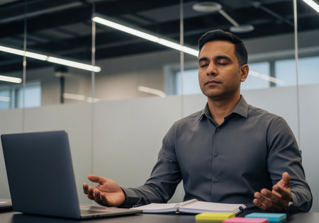 A serene south asian businessman practices mindfulness meditation at his modern office desk. he is seeking calm, focus, and stress relief during a busy workday.の素材