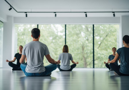 A diverse group of individuals sits in a bright, modern studio, practicing mindfulness meditation with serene focus. this image conveys peace and wellness.の素材