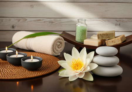 A serene and calming spa treatment setup featuring lit candles, a white water lily, stacked stones, a rolled towel, bath salts, and natural soaps, perfect for relaxation and self care.の素材