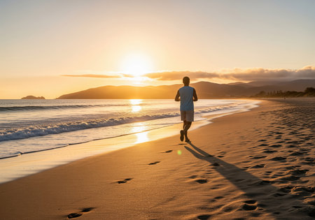 A lone man jogs along a beautiful sandy beach at sunset, with golden light reflecting on the water and sand, creating a serene and active scene.の素材