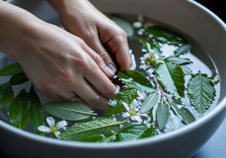 A tranquil close up captures hands immersed in a light ceramic basin filled with water, fresh green leaves, and small white flowers, evoking a sense of natural wellness and relaxation.の素材