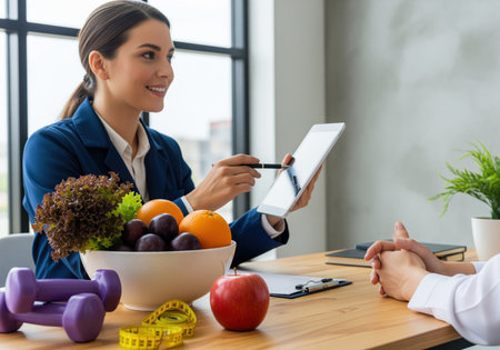 A smiling female nutritionist consults a client, explaining a personalized healthy eating and fitness plan using a tablet. fresh produce and exercise equipment are on the desk.の素材