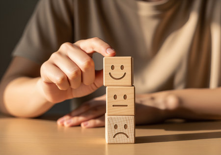 A hand selects a happy face wooden block, illustrating the concept of positive customer experience and feedback. ideal for themes of satisfaction, service quality, and user reviews.の素材